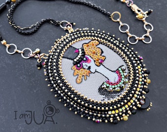 Bead Embroidery Necklace: Handmade Woman Portrait Pendant