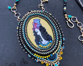 Handmade Bead Embroidered Necklace: Woman Portrait Statement Jewelry