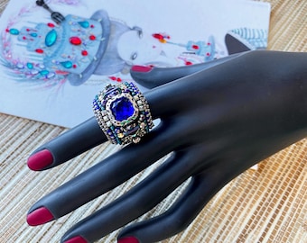 Handmade Beaded Statement Ring: Blue Crystal Bead Embroidery, Size 5-6
