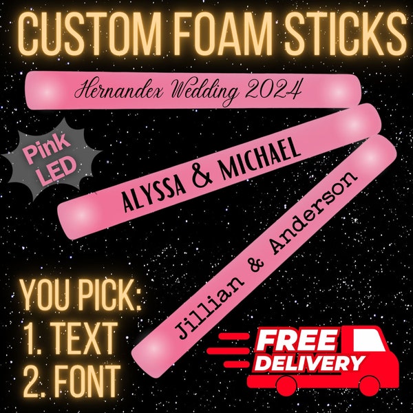 50 Customizable Pink LED Light Foam Glow Sticks 16 Inch-3 modes. Great for wedding, quince, birthday, rave, promotional, sweet 16, party