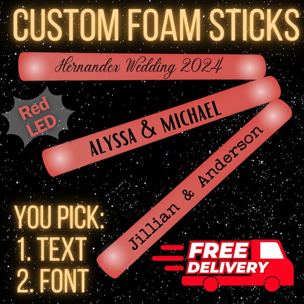 100 CUSTOM Red LED Light Foam Glow Sticks. 16 Inch-3 modes. Great for wedding, quince, birthday, rave, promotional, sweet 16, baby shower