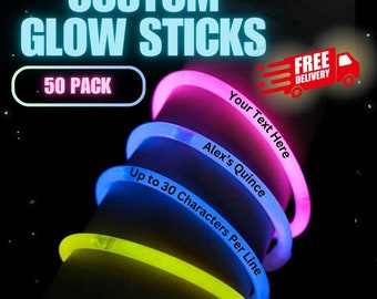 50 Personalized Glow Bracelets: 8" Light Sticks, Party Favors