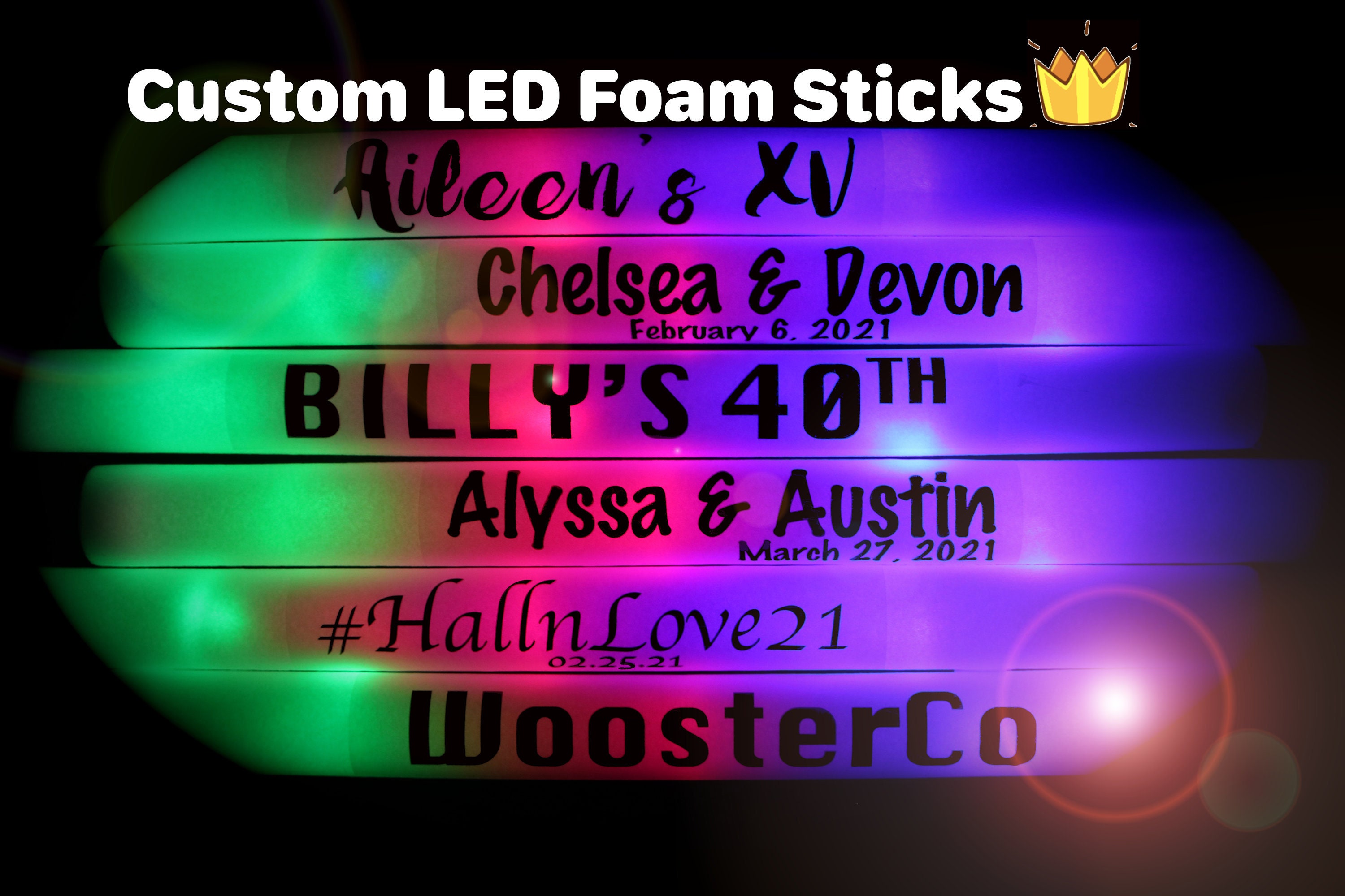 100 CUSTOM LED Foam Glow Sticks 16 Inch 3 Modes Multi-color, Light