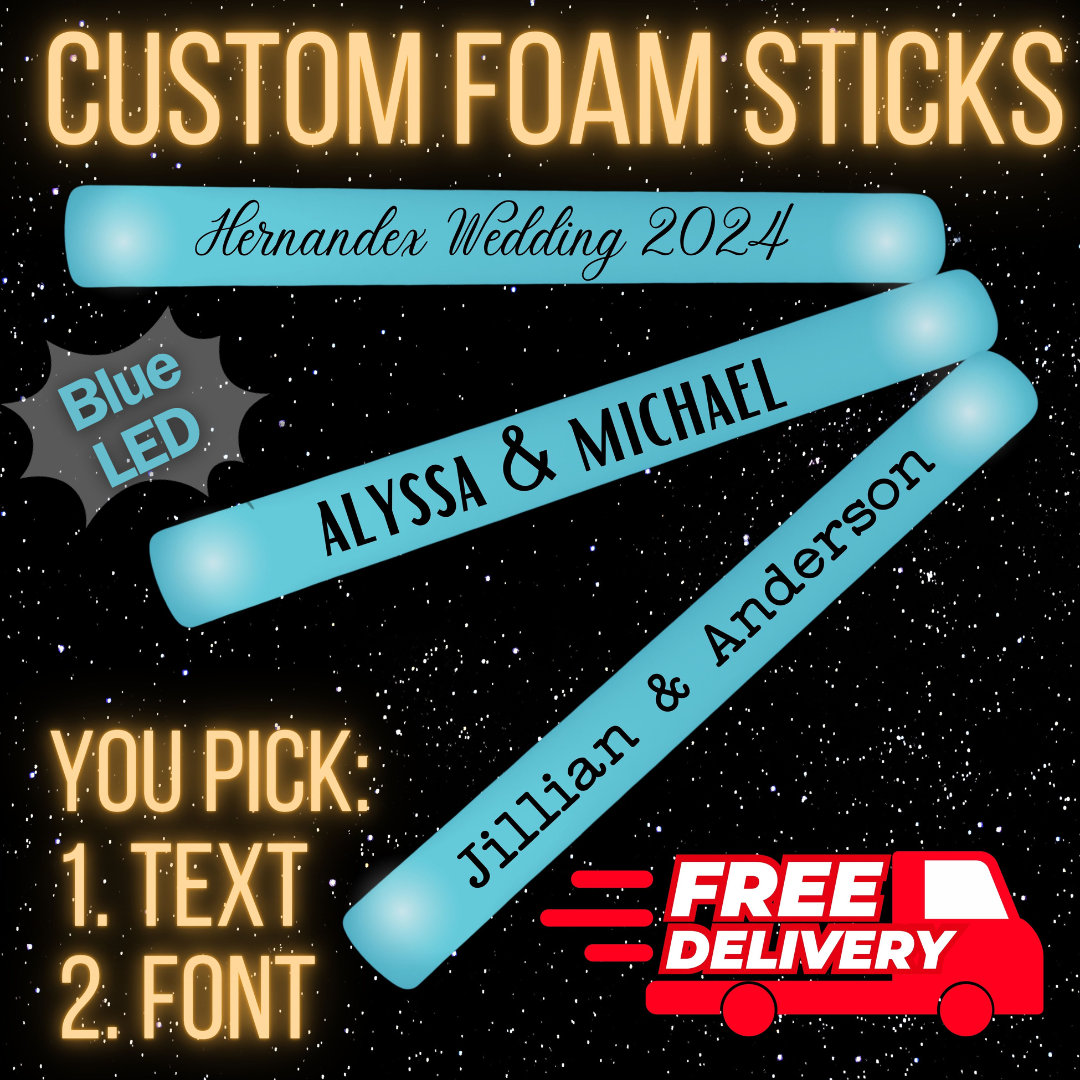 30/50/100/150/200 Custom Blue LED Wedding Foam Sticks Perfect for Wedding Exit, Dance, Birthday, Quince, - 16 Inch Single Color Flashing