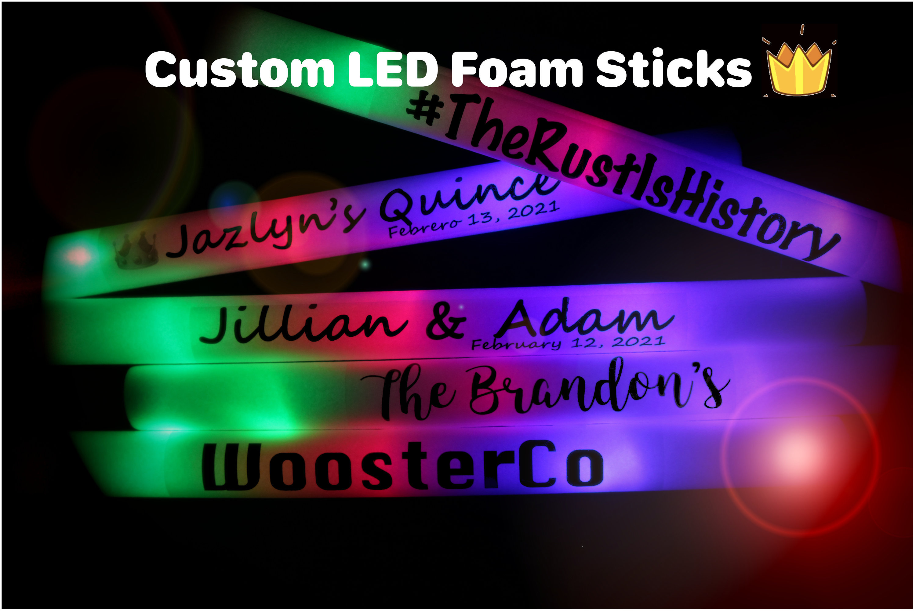 15/30/50/100/200 CUSTOM LED Foam Glow Sticks 16 Inch 3 Modes