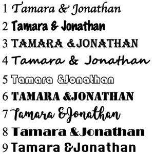 May include: Nine variations of the names "Tamara & Jonathan" written in different fonts and styles. The names are numbered 1 through 9.