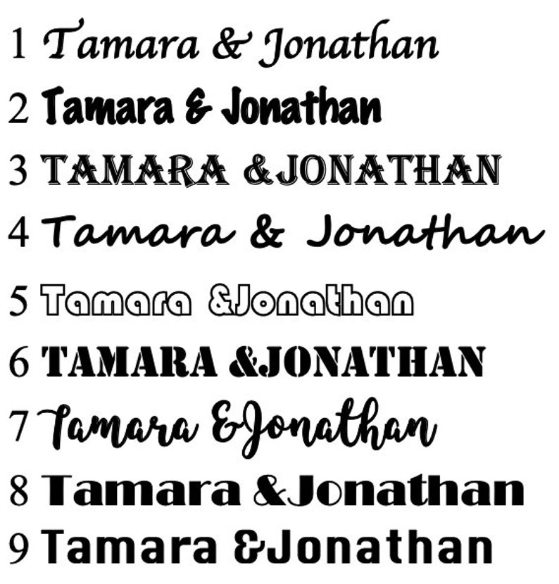 May include: Nine variations of the names "Tamara & Jonathan" written in different fonts and styles. The names are numbered 1 through 9.