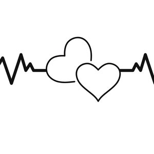 May include: A black and white line drawing of two hearts with a heartbeat line running through them.