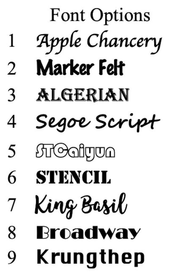 May include: A list of nine different font options, numbered 1 through 9. The fonts are: Apple Chancery, Marker Felt, ALGERIAN, Segoe Script, STCaiyun, STENCIL, King Basil, Broadway, and Krungthep.
