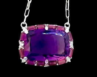 WAITLIST AVAILABLE- SOLD- Huge 46 Carat Amethyst and Rhodolite Garnet Pendant w attached chain - Solid 925 Silver Large Amethyst Necklace