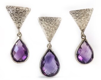 Genuine Amethyst Earrings & Pendant Set - Amethyst Earrings - Amethyst Pendant - February Birthstone - Solid 925 Sterling Silver
