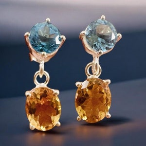 Citrine & Blue Topaz Silver Earrings - Citrine Earrings - Blue Topaz Earrings - November Birthstone -December Birthstone - 925 Solid Silver