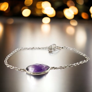 Dainty Natural Amethyst Silver Chain Bracelet - Dainty Bracelet - Amethyst Bracelet - February Birthstone - Solid Sterling Silver Bracelet