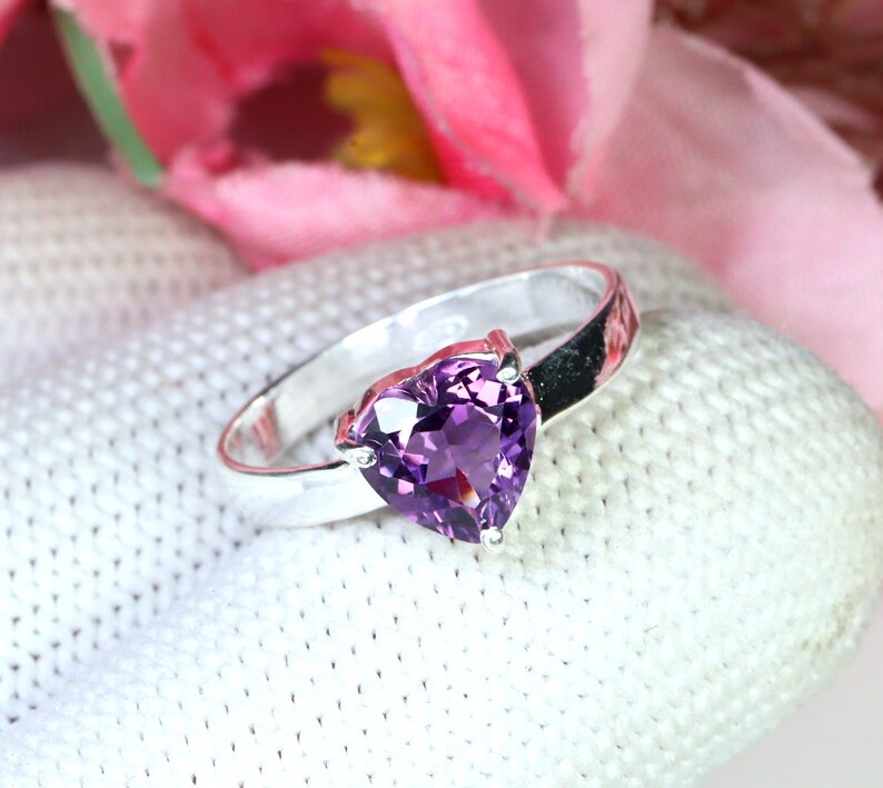 Solid Sterling Silver Ring February Birthstone Genuine Amethyst Heart Shaped Ring Exquisite Heart Shaped Amethyst- Size 7 Ring