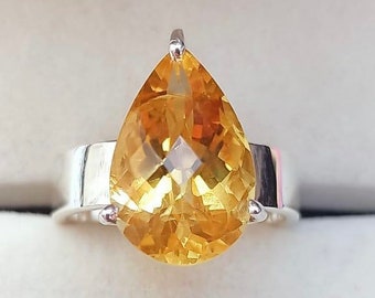 Anillo de citrino genuino en forma de pera - Exquisito citrino en forma de pera - Anillo de citrino tamaño 8 - Piedra natal de noviembre - Anillo de plata esterlina maciza