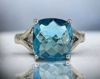 Genuine Swiss Blue Topaz Ring for Her - Cushion Cut Blue Topaz Ring - High Quality Blue Topaz - Size 6.75 Ring - Solid Sterling Silver Ring