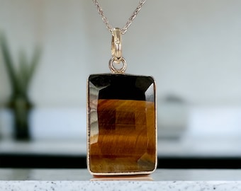 Natural Tiger Eye Pendant - Faceted Tiger Eye Pendant - Unisex Pendant - Women's Pendant - Men's Pendant - Solid 925 Sterling Silver Pendant