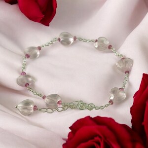 Natural Rose Quartz Heart & Pink Tourmaline Beads Bracelet - Valentines Bracelet - January Birthstone - Heart Bracelet - 925 Silver Bracelet