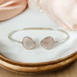 Natural Rose Quartz Bracelet - Adjustable Sleek Bangle - January Birthstone - Gift for Her - Solid 925 Sterling Silver Bracelet