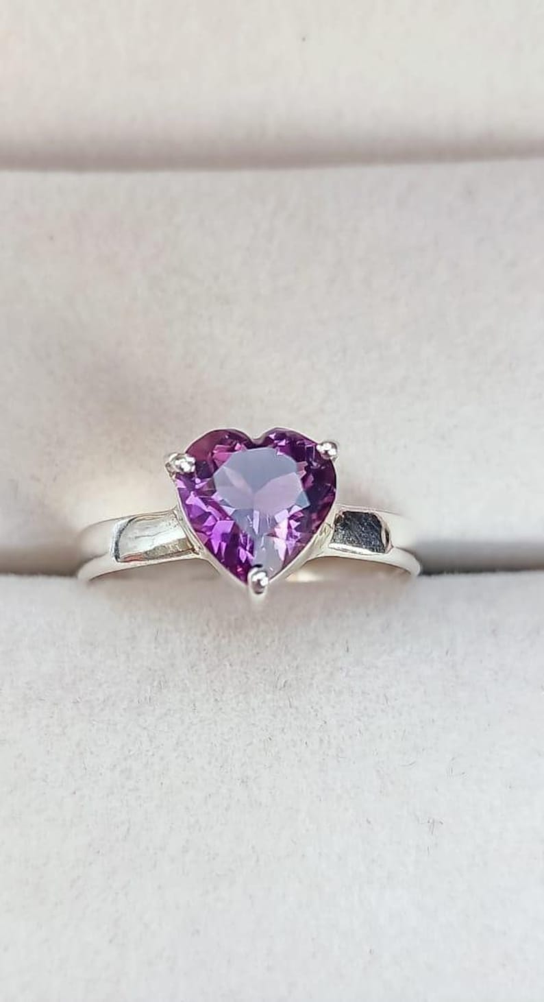 Solid Sterling Silver Ring February Birthstone Genuine Amethyst Heart Shaped Ring Exquisite Heart Shaped Amethyst- Size 7 Ring