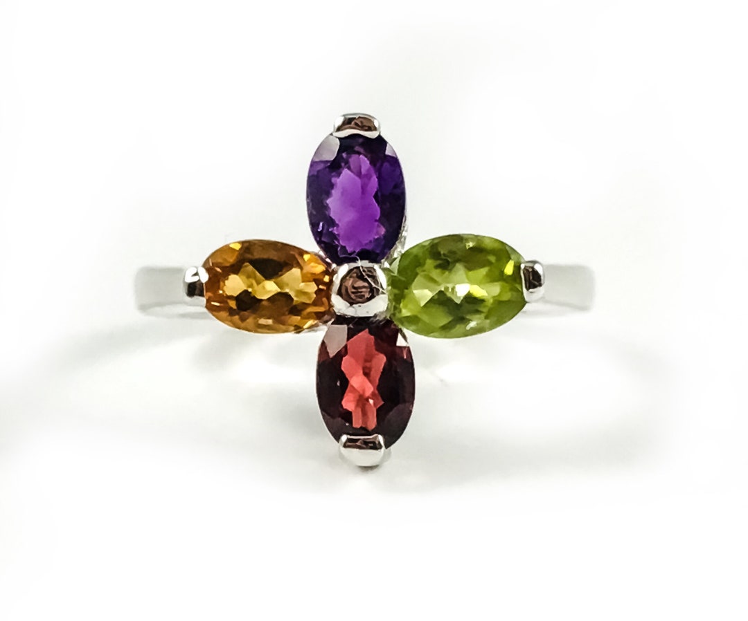 Multi-colored Floral Ring - Floral Ring - Multicolored Gemstone - Size ...