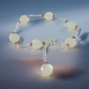 Natural Moonstone Heart & Pink Tourmaline Beads Bracelet - Valentines Bracelet - June Birthstone - Heart Bracelet - 925 Silver Bracelet