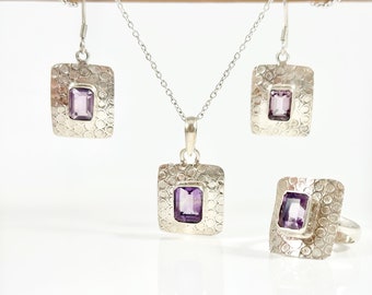 Genuine Amethyst Earrings-Pendant-Ring Set - Amethyst Earrings - Amethyst Pendant - February Birthstone - Solid 925 Sterling Silver