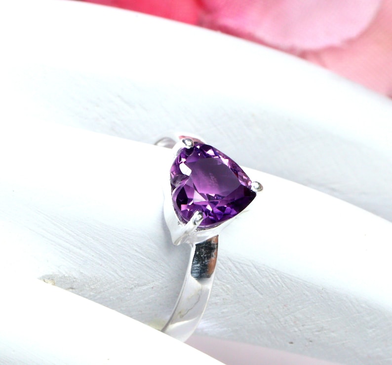 Solid Sterling Silver Ring February Birthstone Genuine Amethyst Heart Shaped Ring Exquisite Heart Shaped Amethyst- Size 7 Ring