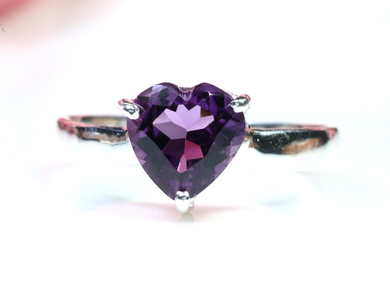 Solid Sterling Silver Ring February Birthstone Genuine Amethyst Heart Shaped Ring Exquisite Heart Shaped Amethyst- Size 7 Ring
