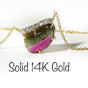 Massiv 14K Gold - Wassermelonen Turmalin und Diamant Anhänger mit Kette - Wassermelonen Turmalin Halskette - Turmalin Diamant Anhänger