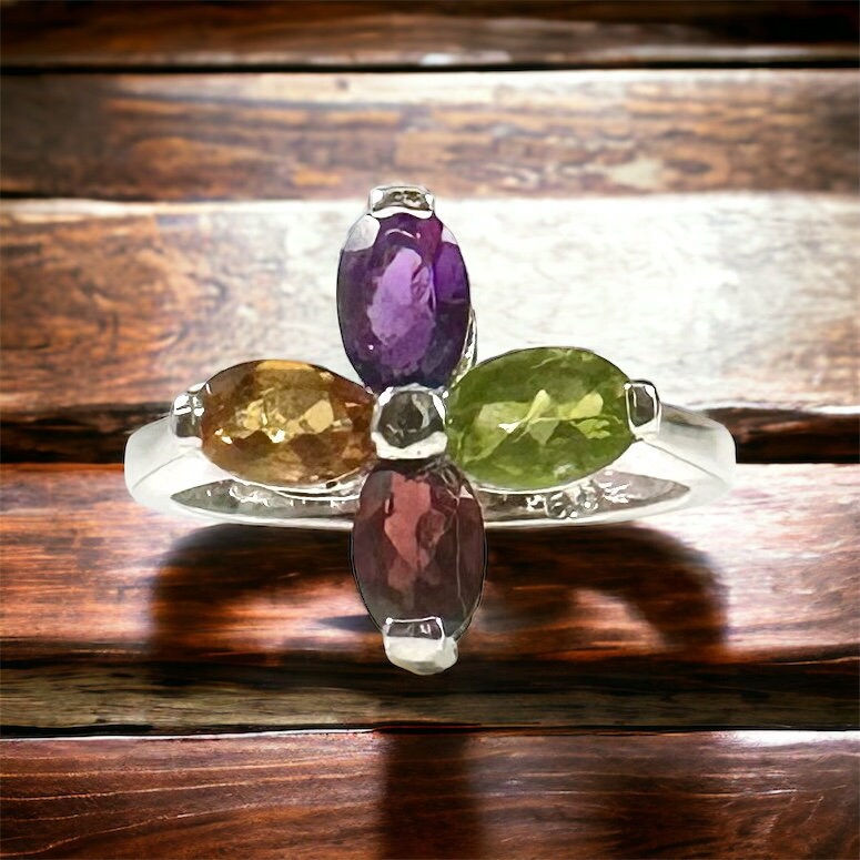 Multi-colored Floral Ring - Floral Ring - Multicolored Gemstone - Size ...