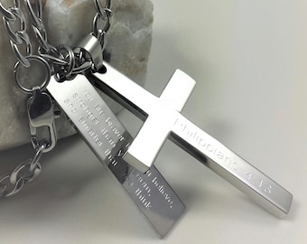 Mens Personalized Cross & Tag Necklace,Custom Bar Necklace,Mens Religious Necklace,Custom Cross Necklace For Men,Bible Verse Necklace,Gifts