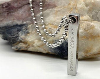 Mother's Day Gift For Mom Personalized Bar Necklace,Unisex Necklace,Coordinates Men Necklace Men Engraved Jewelry,FriendShip Silver Necklace