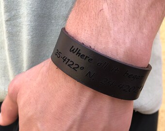 Personalized Leather Cuff Bracelet for Men, Engraved Brass Closure