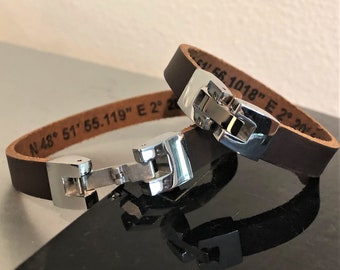 Personalized Leather Bracelet, Custom Coordinates, Stainless Steel Clasp