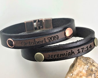 Custom Bible Verse Leather Bracelet, Personalized Scripture Bracelet