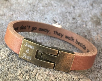 Personalized Leather Mens Bracelet, Engraved Secret Message, Bronze Clasp