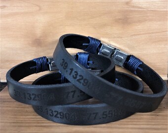 Personalized Leather Coordinates Bracelet, Custom Engraved Men's Jewelry