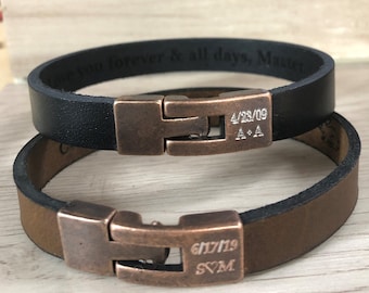 Pulsera de cuero personalizada para hombre, cierre de cobre grabado personalizado