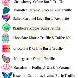 May include: A menu titled Love Burf-e Menu listing various truffle flavors paired with icons including a rose, heart, dome, square, paisley, crown, and butterfly. The text includes Strawberry Cr&egrave;me, Banoffee Caramel, Salted Caramel, Raspberry Ripple, Chocolate Mouse, Chocolate & Cr&egrave;me, Madegascar Vanilla, Macadamia Praline, and Hazelnut Giandulas.