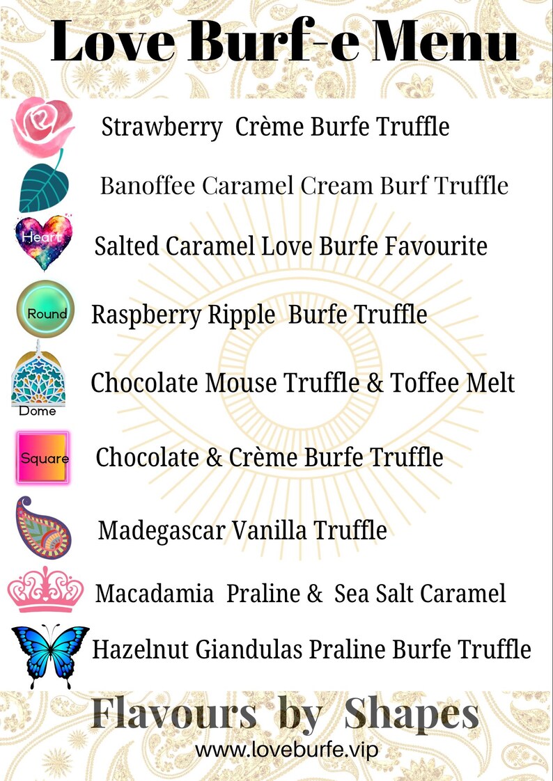May include: A menu titled Love Burf-e Menu listing various truffle flavors paired with icons including a rose, heart, dome, square, paisley, crown, and butterfly. The text includes Strawberry Cr&egrave;me, Banoffee Caramel, Salted Caramel, Raspberry Ripple, Chocolate Mouse, Chocolate & Cr&egrave;me, Madegascar Vanilla, Macadamia Praline, and Hazelnut Giandulas.