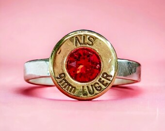 Sterling silver ring with 9mm ammo casing and Red Swarovski Crystal. Ammo / bullet jewellery to make a bold statement!