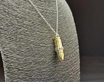 9mm (Luger 9x19) bullet pendant with sterling silver necklace and personalised name plate