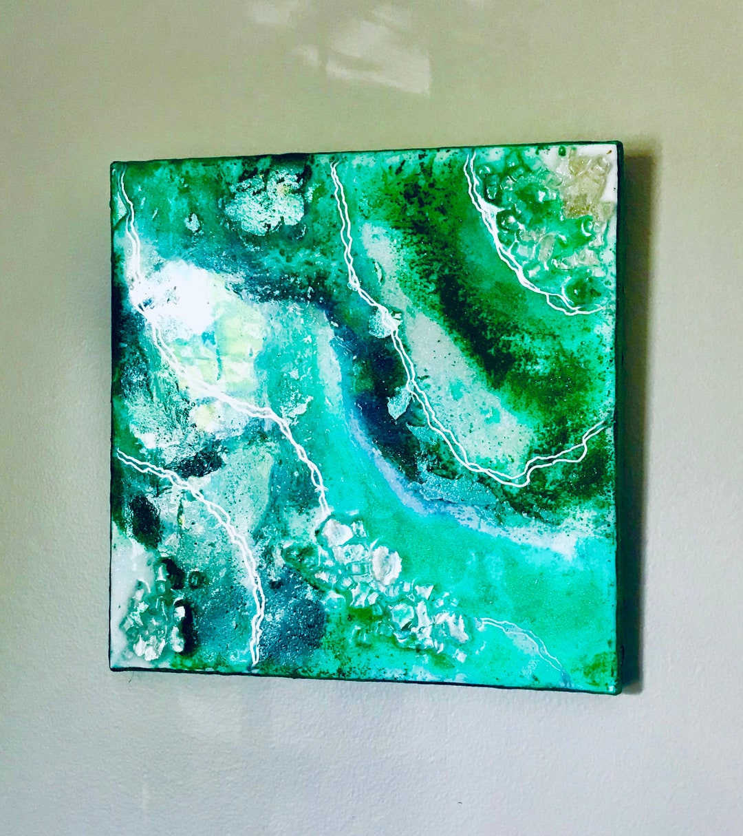 Emerald Green Geode Wall Art, Geode Inspired Resin Wall Decor, 10 by 10