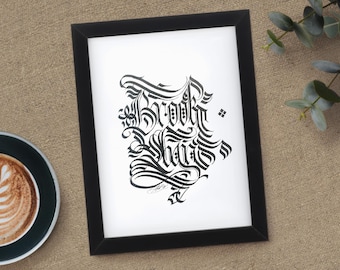 May include: A black rectangular frame containing a white print with intricate black gothic-style calligraphy that reads Brook Haze. The artwork features elaborate flourishes and sharp, angular lettering centered within the frame.