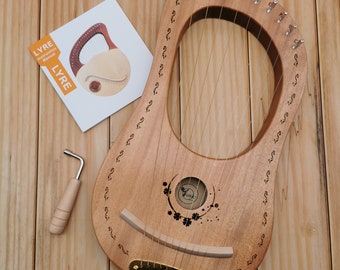 FREE ENGRAVE - Customized Personalized Lyre Harp 10 Strings - Mahogany Wood (Resonant Box - Clover Design) Ori Color