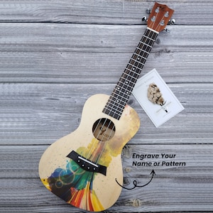 FREE ENGRAVE Customized Personalized 23 Inch Concert Ukulele (Solid Top Spruce & Mahogany Back) Colorful