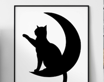 Cat Touching Moon Svg, Crescent Moon Cat Svg. Vector Cut file for Cricut, Silhouette, Pdf Png Eps Dxf, Decal, Sticker, Vinyl, Pin