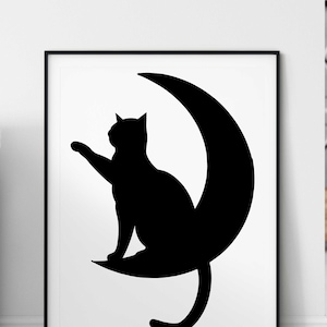 Cat Touching Moon Svg, Crescent Moon Cat Svg. Vector Cut file for Cricut, Silhouette, Pdf Png Eps Dxf, Decal, Sticker, Vinyl, Pin