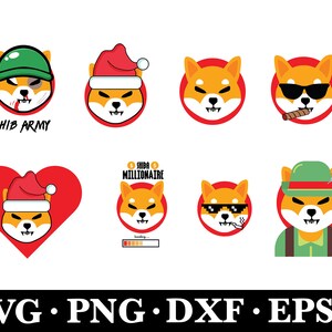 Könnte beinhalten: Ein Set aus neun digitalen Illustrationen mit einem Shiba Inu Hund in verschiedenen Outfits und Posen. Der Hund trägt einen Weihnachtsmann-Hut, eine Militärkappe, Sonnenbrillen, einen Hut mit einer Feder und andere Accessoires. Die Illustrationen sind im Cartoon-Stil gehalten und eignen sich perfekt für die Verwendung in sozialen Medien, auf Websites oder in anderen digitalen Projekten.